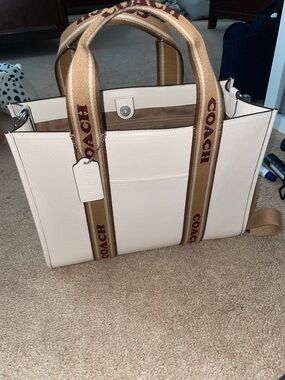 Coach White Pebble Leather Tote with Tan Branded Webbing Straps